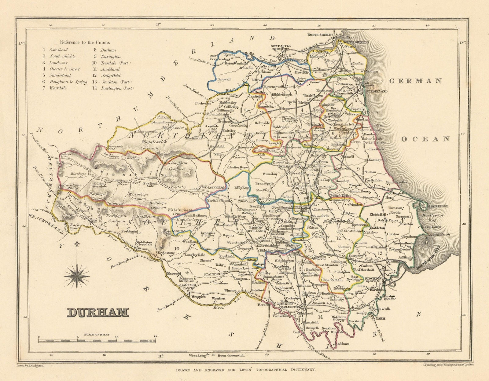 Antique county map of DURHAM by Creighton & Starling for Lewis c1840 old